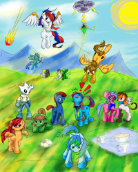 Size: 4000x5000 | Tagged: safe, artist:vexac, derpibooru import, oc, oc only, oc:circuit mane, oc:crazymattcaptain, oc:d-pad, oc:kreature, alicorn, earth pony, pegasus, pony, unicorn, horn, outdoors