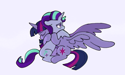 Size: 546x330 | Tagged: safe, artist:driftwoodpony, derpibooru import, starlight glimmer, twilight sparkle, twilight sparkle (alicorn), alicorn, pony, unicorn, g4, duo, duo female, ears, eyes closed, female, floppy ears, horn, hug, mare, purple background, simple background, spread wings, wings