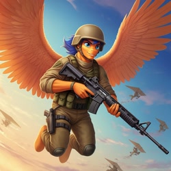 Size: 1024x1024 | Tagged: safe, ai content, derpibooru import, machine learning generated, flash sentry, anthro, pegasus, unguligrade anthro, g4, assault rifle, clothes, cloud, cosplay, costume, flying, g.i. joe, generator:google imagen 3.0, grunt (gi joe), gun, handgun, hang glider, helmet, holster, male, military uniform, outdoors, pistol, prompter:zerowinger, rifle, sky, smiling, solo focus, spread wings, uniform, weapon, wings