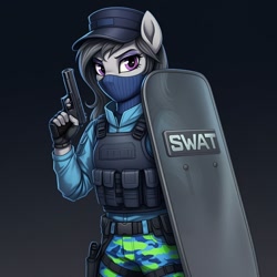 Size: 1024x1024 | Tagged: safe, ai content, derpibooru import, machine learning generated, octavia melody, anthro, earth pony, clothes, cosplay, costume, fatigues, female, g.i. joe, generator:google imagen 3.0, gradient background, gun, handgun, hat, military uniform, pistol, prompter:zerowinger, shield, shockblast, ski mask, solo, swat, uniform, weapon