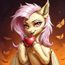 Size: 2400x2400 | Tagged: safe, ai content, derpibooru import, generator:pony diffusion v6 xl, generator:stable diffusion, machine learning generated, fluttershy, bat pony, pony, g4, apple, bat ponified, fangs, female, flutterbat, food, holding, hooves, looking at you, mare, night, open mouth, prompter:infernum, race swap, smiling, smiling at you, solo, wings