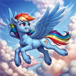 Size: 2400x2400 | Tagged: safe, ai content, derpibooru import, generator:pony diffusion v6 xl, generator:stable diffusion, machine learning generated, rainbow dash, pegasus, pony, g4, cloud, day, female, flying, hooves, looking sideways, mare, outdoors, prompter:infernum, sky, solo, wings