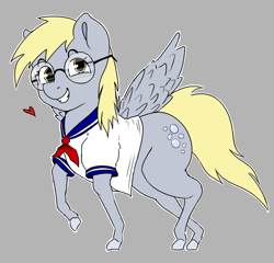 Size: 1566x1502 | Tagged: safe, artist:pencilfriend, derpibooru import, derpy hooves, pegasus, pony, blonde, blonde hair, bubble, clothes, colored, cute, drawpile, flat colors, glasses, gray background, grin, heart, hooves, looking at you, raised hoof, raised leg, realistic horse legs, request, school uniform, schoolgirl, simple background, smiling, solo, wings