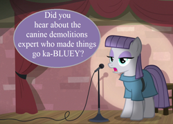 Size: 938x670 | Tagged: safe, derpibooru import, edit, edited screencap, editor:korora, screencap, maud pie, g4, the maud couple, barstool, bluey, cropped, maud the comedian, microphone, microphone stand, pun, solo, speech bubble