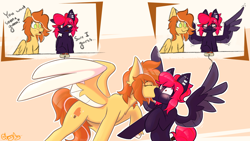 Size: 2560x1440 | Tagged: safe, artist:spoopy-abby, derpibooru import, oc, oc only, oc:dreamsicle, oc:wake-up call, pegasus, blushing, comic, kissing, spread wings, wingboner, wings