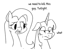 Size: 546x422 | Tagged: safe, artist:the---robbie72, derpibooru import, fluttershy, twilight sparkle, pegasus, pony, unicorn, g4, black and white, duo, duo female, eye clipping through hair, female, grayscale, horn, i think we're gonna have to kill this guy, mare, meme, monochrome, simple background, white background