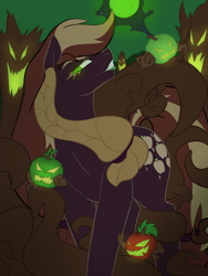 Size: 4000x5315 | Tagged: safe, artist:2hrnap, derpibooru import, applejack, earth pony, pony, braid, female, full moon, gameloft, green lipstick, green moon, head turn, jack-o-apple, lidded eyes, lipstick, mare, moon, nightmare applejack, nightmarified, outdoors, slit eyes, solo, tree roots