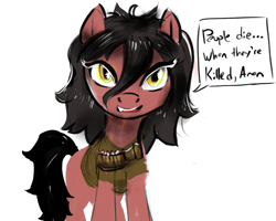 Size: 1344x1077 | Tagged: artist needed, safe, derpibooru import, oc, oc only, oc:threat, earth pony, pony, bandolier, bootleg, bootleg waifu, clothes, dialogue, female, mare, messy mane, shirt, simple background, snaggletooth, solo, white background