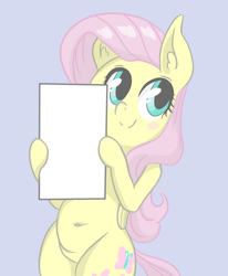 Size: 1000x1215 | Tagged: safe, artist:shrimpshogun, derpibooru import, fluttershy, g4, belly, belly button, bipedal, blue background, holding sign, sign, simple background, template