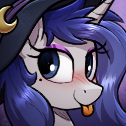 Size: 1920x1920 | Tagged: safe, artist:selenophile, derpibooru import, oc, oc only, oc:moonlit silver, pony, unicorn, :p, blue eyes, blushing, eyeshadow, female, gray coat, happy, hat, horn, makeup, mole, solo, tongue, tongue out, unicorn oc, witch, witch hat