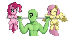 Size: 1450x732 | Tagged: safe, artist:neuro, derpibooru import, fluttershy, pinkie pie, oc, oc:anon, earth pony, human, pegasus, pony, g4, eyes closed, female, male, mare, muscles, muscular male, open mouth, simple background, smiling, transparent background, weight lifting, weights