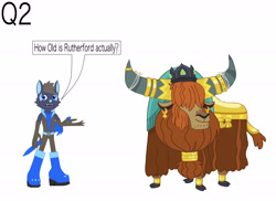 Size: 4495x3266 | Tagged: safe, artist:star153, derpibooru import, screencap, prince rutherford, oc, wolf, yak, age, ask, blue, boots, brown, clothes, gloves, gold, hair, horns, light blue, long gloves, question, shoes, simple background, solo, sonic oc, sword, time, weapon, white background