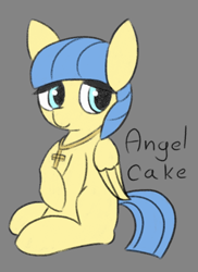 Size: 650x894 | Tagged: safe, artist:castafae, derpibooru import, oc, oc only, oc:angel cake, pegasus, pony, bootleg, bootleg waifu, cross, cross necklace, female, filly, foal, gray background, jewelry, necklace, raised hoof, raised leg, simple background, sitting, solo