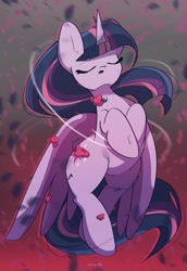 Size: 1412x2048 | Tagged: safe, artist:miryelis, derpibooru import, twilight sparkle, twilight sparkle (alicorn), alicorn, pony, eyes closed, female, flower, hanahaki disease, mare, solo