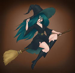 Size: 3075x3000 | Tagged: safe, artist:aquaticvibes, derpibooru import, queen chrysalis, human, boots, breasts, broom, cleavage, clothes, female, hat, high heel boots, high res, humanized, shoes, solo, witch, witch hat