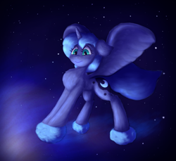 Size: 2400x2200 | Tagged: safe, artist:gosha305, derpibooru import, princess luna, alicorn, pony, g4, chest fluff, cute, ear fluff, ears, fangs, female, fluffy, full body, horn, mare, meteor, night, night sky, sky, sky background, solo, space, spread wings, stars, tangible heavenly object, wings, young luna, younger