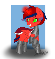 Size: 1908x2044 | Tagged: safe, artist:itwasscatters, derpibooru import, oc, oc only, oc:lightning t bolt, alicorn, umbrum, fanfic:seed of the king, fanfic:why me...?, armor, curved horn, fangs, horn, passepartout, profile picture, signature, sombra eyes