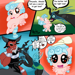 Size: 2048x2048 | Tagged: safe, artist:nicolai, derpibooru import, cozy glow, lord tirek, queen chrysalis, changeling, changeling queen, minotaur, pegasus, anime saliva, comic, cozybetes, cute, dialogue, drool, english, eye clipping through hair, female, filly, flying, foal, heart, heart eyes, horn, horns, love, shipping, wingding eyes