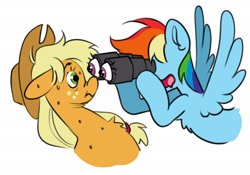 Size: 2504x1751 | Tagged: safe, artist:opalacorn, derpibooru import, applejack, rainbow dash, earth pony, pegasus, pony, g4, binoculars, bust, chest fluff, duo, duo female, ears, female, floppy ears, frown, hoof hold, inktober, inktober 2024, mare, nervous, nose wrinkle, simple background, spread wings, white background, wings