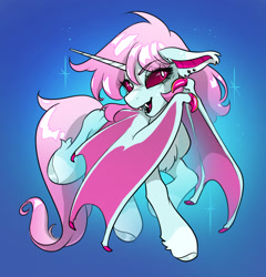 Size: 2400x2503 | Tagged: safe, artist:opalacorn, derpibooru import, oc, oc only, oc:spoop, alicorn, bat pony, bat pony alicorn, pony, bags under eyes, bat pony oc, bat wings, bipedal, chest fluff, claws, colored pinnae, colored sclera, colored wings, ear piercing, ear tufts, earring, ears, eye clipping through hair, eyebrows, eyebrows visible through hair, fangs, female, fetlock tuft, floppy ears, gradient background, gradient mane, gradient tail, head turn, horn, jewelry, magenta sclera, mare, open mouth, open smile, piercing, red sclera, shiny hooves, smiling, solo, sparkles, tail, two toned wings, wing claws, wings