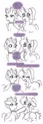 Size: 1419x4096 | Tagged: safe, artist:opalacorn, derpibooru import, oc, oc only, pegasus, pony, chest fluff, choker, comic, dialogue, duo, ear piercing, earring, female, grayscale, hoof in mouth, if i had a nickel, jewelry, mare, monochrome, partial color, piercing, simple background, stop talking, sweat, sweatdrop, white background