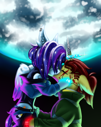 Size: 1600x2000 | Tagged: safe, artist:sunamoonmlp, derpibooru import, oc, oc only, oc:bern, oc:sunamoon, alicorn, pony, crossover, cute, cyberpunk 2077, female, horn, kissing, male, mare, moon, shipping, smiling, wings