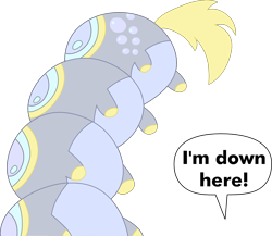 Size: 2375x2064 | Tagged: safe, artist:aidanthedrawerboi10, derpibooru import, derpy hooves, caterpillar, pony, g4, derpipillar, simple background, solo, species swap, speech bubble, transparent background, upside down