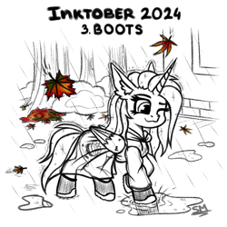 Size: 1000x1000 | Tagged: safe, artist:sunamoonmlp, derpibooru exclusive, derpibooru import, oc, oc only, oc:sunamoon, alicorn, pony, g4, cute, female, horn, inktober, inktober 2024, leaves, outdoors, puddle, rain, solo, tree, wings