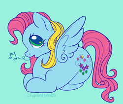 Size: 1900x1600 | Tagged: safe, artist:leopardsnaps, derpibooru import, thistle whistle, pegasus, g3, g4, curly hair, curly mane, cute, g3 to g4, generation leap, green background, lying down, ponyloaf, prone, simple background, solo, spread wings, thistlebetes, two toned mane, whistling, wings