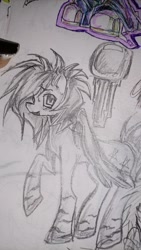 Size: 1152x2048 | Tagged: safe, artist:grim_the_end, derpibooru import, oc, oc only, pegasus, pony, open mouth, open smile, pegasus oc, pencil drawing, photo, raised hoof, raised leg, smiling, solo, traditional art