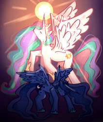 Size: 1100x1300 | Tagged: safe, artist:normalclownposse, derpibooru import, princess celestia, princess luna, alicorn, pony, duo, eyes closed, female, mare, royal sisters, sad, siblings, sisters, sun