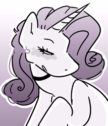 Size: 900x1050 | Tagged: safe, artist:normalclownposse, derpibooru import, rarity, pony, unicorn, bust, choker, eyes closed, female, head turn, horn, mare, monochrome, solo