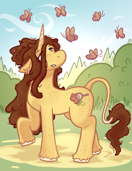 Size: 1000x1300 | Tagged: safe, artist:normalclownposse, derpibooru import, oc, oc only, butterfly, classical unicorn, pony, unicorn, cloven hooves, eye clipping through hair, hair over one eye, horn, leonine tail, looking up, outdoors, raised hoof, raised leg, solo, unicorn oc, unshorn fetlocks