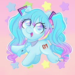 Size: 1920x1920 | Tagged: safe, artist:blackmoonhooves, derpibooru import, earth pony, pony, cute, female, gradient background, hatsune miku, kotobukiya, kotobukiya hatsune miku pony, mare, open mouth, open smile, ponified, smiling, species swap, stars, vocaloid