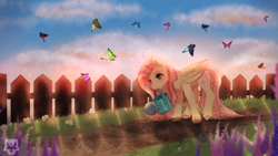 Size: 3840x2160 | Tagged: safe, artist:kizzki, derpibooru import, fluttershy, butterfly, pegasus, pony, female, fence, garden, high res, mare, mouth hold, outdoors, solo, watering can