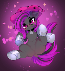 Size: 3871x4226 | Tagged: safe, artist:empress-twilight, derpibooru import, oc, oc only, oc:bucket pone, earth pony, pony, :p, bell, bell collar, belly, belly button, blushing, bucket, cheek fluff, chest fluff, collar, commission, dock, ear fluff, ears, earth pony oc, eye clipping through hair, eyebrows, eyebrows visible through hair, featureless crotch, female, glasses, hat, looking at you, mare, smiling, smiling at you, solo, sparkles, spread legs, spreading, tail, tongue, tongue out, witch hat, ych result