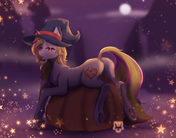 Size: 2166x1701 | Tagged: safe, artist:kizzki, derpibooru import, oc, oc only, oc:kindle heart, pony, unicorn, butt, female, halloween, hat, holiday, horn, looking back, lying down, mare, one eye closed, outdoors, plot, prone, pumpkin, solo, witch hat