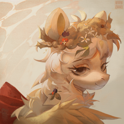 Size: 2000x2000 | Tagged: safe, artist:rvsd, derpibooru import, oc, oc only, pegasus, pony, berry, bust, floral head wreath, flower, food, high res, limited palette, looking back, portrait, smiling, solo