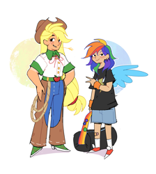 Size: 2099x2347 | Tagged: safe, artist:syrupyyy, derpibooru import, applejack, rainbow dash, human, g4, bag, bandaid, chaps, clothes, duffle bag, duo, duo female, female, hand on hip, humanized, looking at you, multicolored hair, no iris, peace sign, rainbow hair, rope, simple background, smiling, smiling at you, straw in mouth, white background, winged humanization, wings