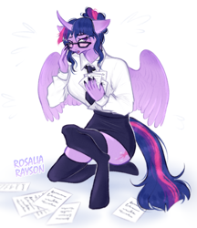 Size: 3912x4525 | Tagged: safe, artist:rosaliarayson, derpibooru import, twilight sparkle, twilight sparkle (alicorn), alicorn, anthro, unguligrade anthro, absurd resolution, black nail polish, clothes, embarrassed, female, glasses, kneeling, office lady, paper, solo, stockings, thigh highs, zettai ryouiki