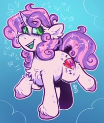 Size: 1731x2048 | Tagged: safe, artist:yumkandie, derpibooru import, sweetie belle, pony, unicorn, g4, cheek fluff, chest fluff, ear fluff, ears, eyebrows, eyebrows visible through hair, female, filly, foal, green tongue, horn, leg fluff, open mouth, open smile, smiling, solo, tail, the cmc's cutie marks, unshorn fetlocks