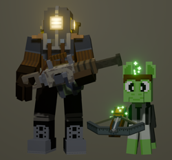 Size: 2320x2160 | Tagged: safe, artist:mint pill, derpibooru import, oc, oc only, oc:mint pill, human, pony, unicorn, armor, big daddy, bioshock, bioshock pony (mint pill), horn, magic, minecraft, telekinesis, weapon