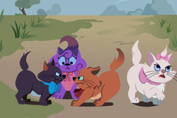 Size: 1200x800 | Tagged: safe, artist:magerblutooth, derpibooru import, sweetie belle, cat, g4, :t, annoyed, berlioz, bow, bowtie, brother and sister, brothers, catified, colored sclera, commission, crossover, crossover shipping, disney, female, fight, grass, hair bow, looking at each other, looking at someone, love triangle, male, marie (the aristocats), necktie, open mouth, outdoors, raised paw, shipping, siblings, species swap, the aristocats, toulouse, tree, vector, walking away