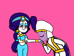 Size: 1280x960 | Tagged: safe, artist:iamscar2017, derpibooru import, rarity, spike, human, equestria girls, g4, aladdin, blushing, clothes, cute, daaaaaaaaaaaw, duo, eyes closed, eyeshadow, female, hand kiss, heartwarming, makeup, male, pink background, prince ali, princess jasmine, raribetes, shipping, simple background, smiling, sparity, spikabetes, straight, wholesome