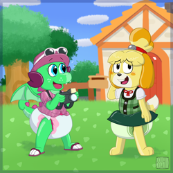 Size: 3000x3000 | Tagged: safe, artist:adwdwrew24, derpibooru import, oc, oc:goldigony, dragon, animal crossing, bipedal, camera, clothes, countryside, crossover, diaper, diaper fetish, dragon oc, dragoness, dress, duo, embarrassed, excited, female, fetish, glasses, hat, high res, house, isabelle, mailbox, non-pony oc, open mouth, outdoors, prize, spread wings, standing, tourist, wings