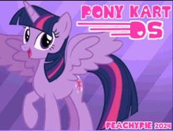 Size: 513x388 | Tagged: safe, derpibooru import, twilight sparkle, twilight sparkle (alicorn), alicorn, pony, female, game screencap, mare, mario kart, mario kart ds, open mouth, open smile, pony kart ds, ponykart, raised hoof, raised leg, smiling, solo, super mario bros.