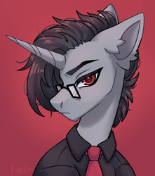 Size: 3536x4000 | Tagged: safe, artist:konejo, derpibooru exclusive, derpibooru import, oc, oc only, oc:inky heart, unicorn, bust, clothes, glasses, gradient background, horn, male, portrait, solo