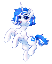 Size: 3495x4334 | Tagged: safe, artist:konejo, derpibooru exclusive, derpibooru import, pony, unicorn, blue eyelashes, chest fluff, colored eyelashes, ear fluff, ears, female, horn, looking at you, mare, mascot, not majesty, open mouth, open smile, ponified, simple background, smiling, solo, species swap, vkontakte, white background