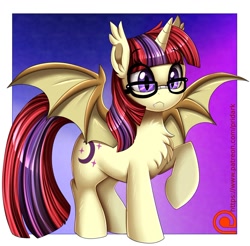 Size: 1000x983 | Tagged: safe, artist:pridark, derpibooru import, moondancer, alicorn, bat pony, bat pony alicorn, pony, bat ponified, bat wings, chest fluff, cute, cute little fangs, dancerbetes, fangs, glasses, horn, passepartout, race swap, raised leg, solo, wings