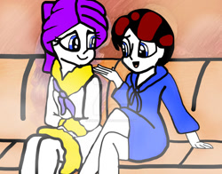 Size: 900x705 | Tagged: safe, artist:iamscar2017, derpibooru import, rarity, oc, oc:red arrow, human, equestria girls, g4, commission, dressing gown, duo, female, folded legs, looking at each other, looking at someone, open mouth, open smile, sitting, sitting together, smiling, smiling at each other, spa, steam, steam room, talking, towel, towel on head